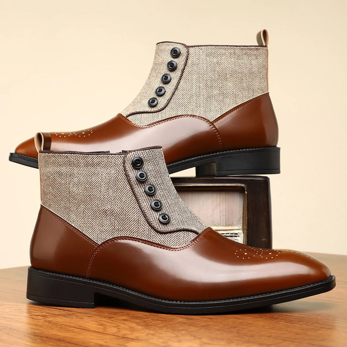 Men's brown retro formal shoes with side zipper and square toe on a plain background.