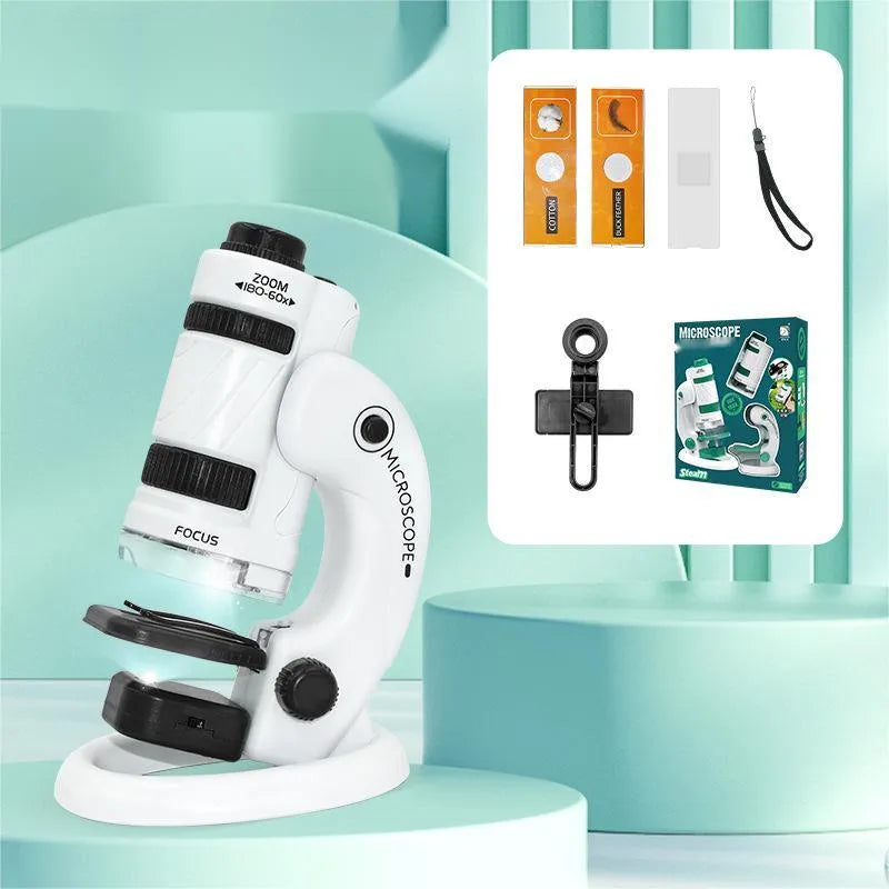 Portable plastic microscope with specimen slides in white-green colour scheme