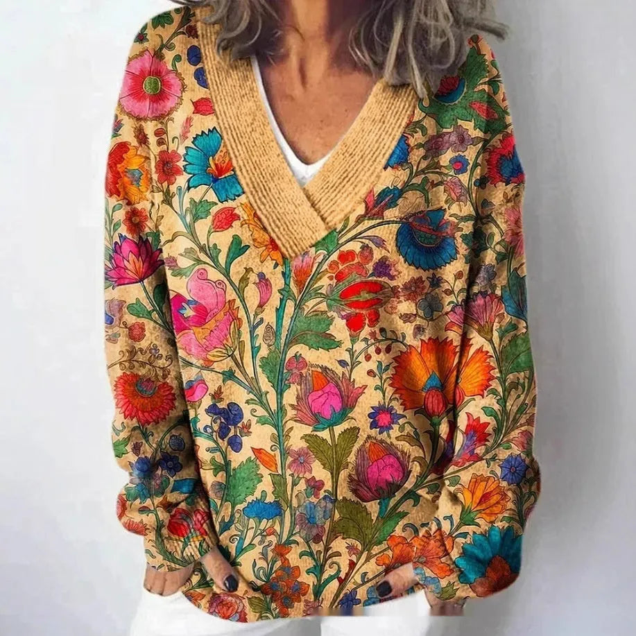 Women's floral pattern 3D printed V-neck sweatshirt with long sleeves