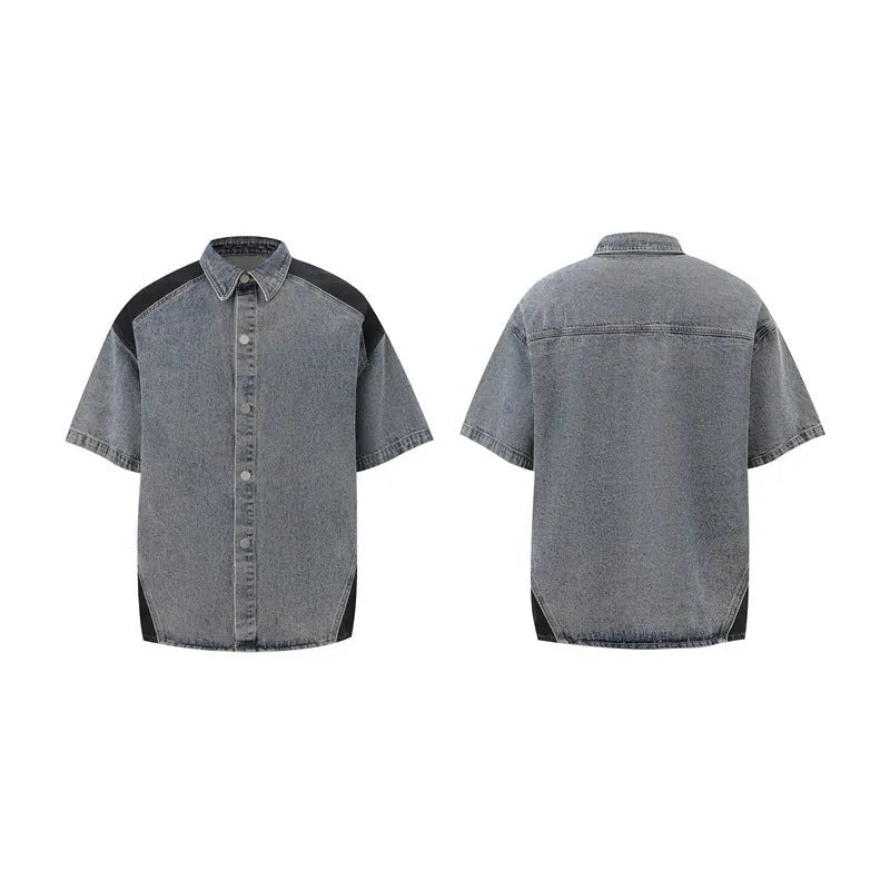 Retro washed denim jeans suit featuring a short-sleeve jacket and matching trousers on a mannequin.