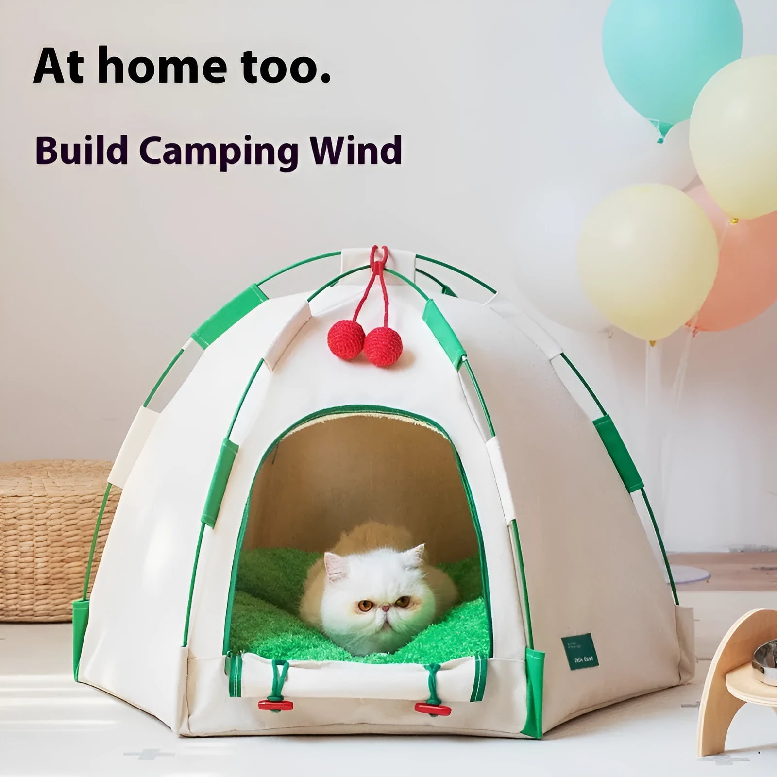 Grey dome-shaped cloth cat tent with a thick padded floor inside, set on a carpet.