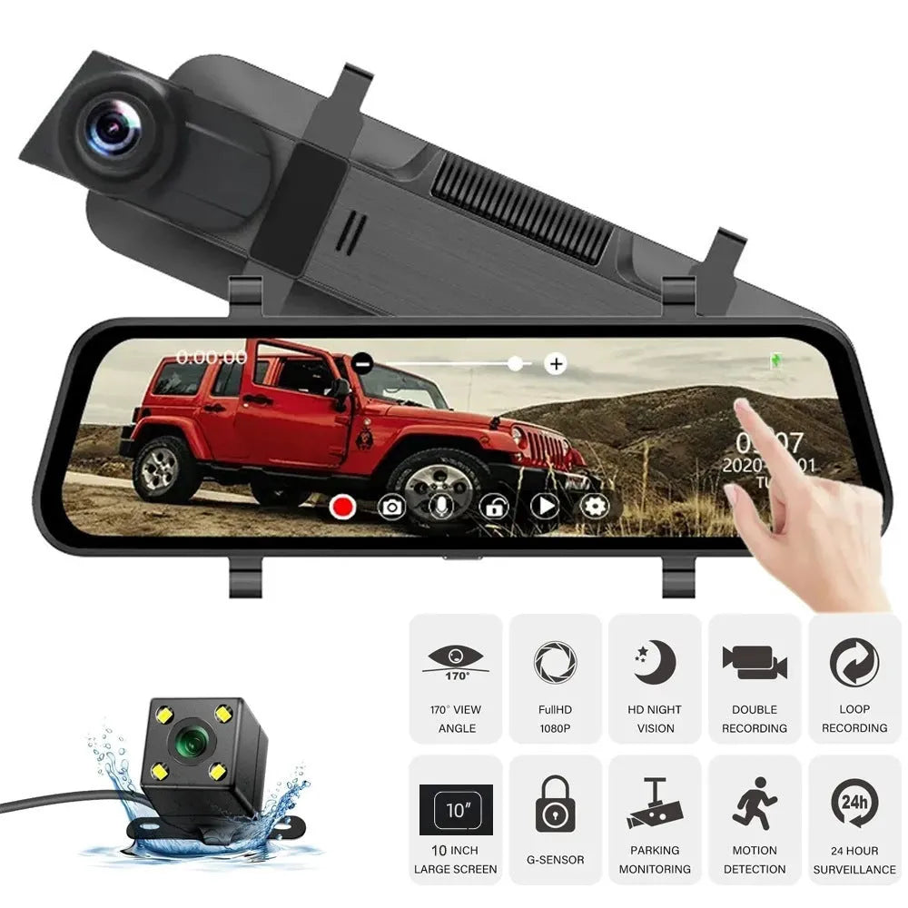 10-inch full screen car dash cam with front and rear cameras on a car dashboard