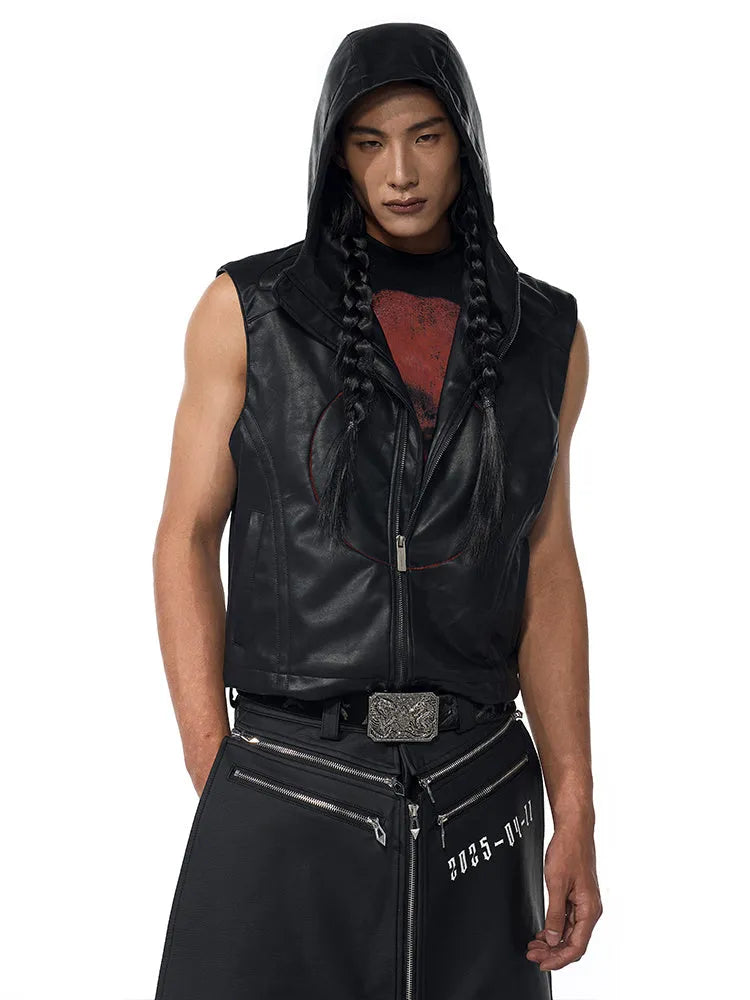 Men's black slim fit leather waistcoat coat with hood and five-pointed star decoration