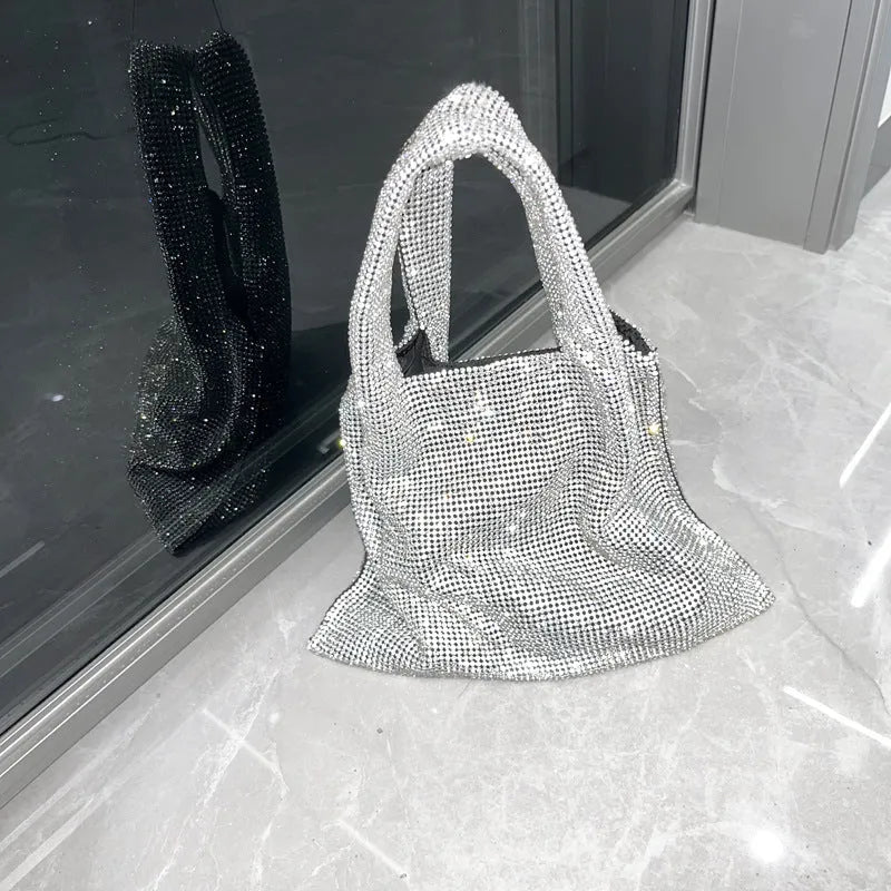 Silver shiny rhinestone evening handbag with open outer pocket for women's parties.