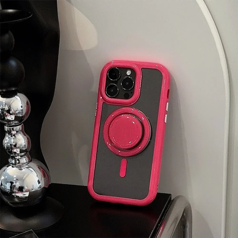 Solid colour magnetic bracket phone case for iPhone with acrylic back and magnetic edge in pink