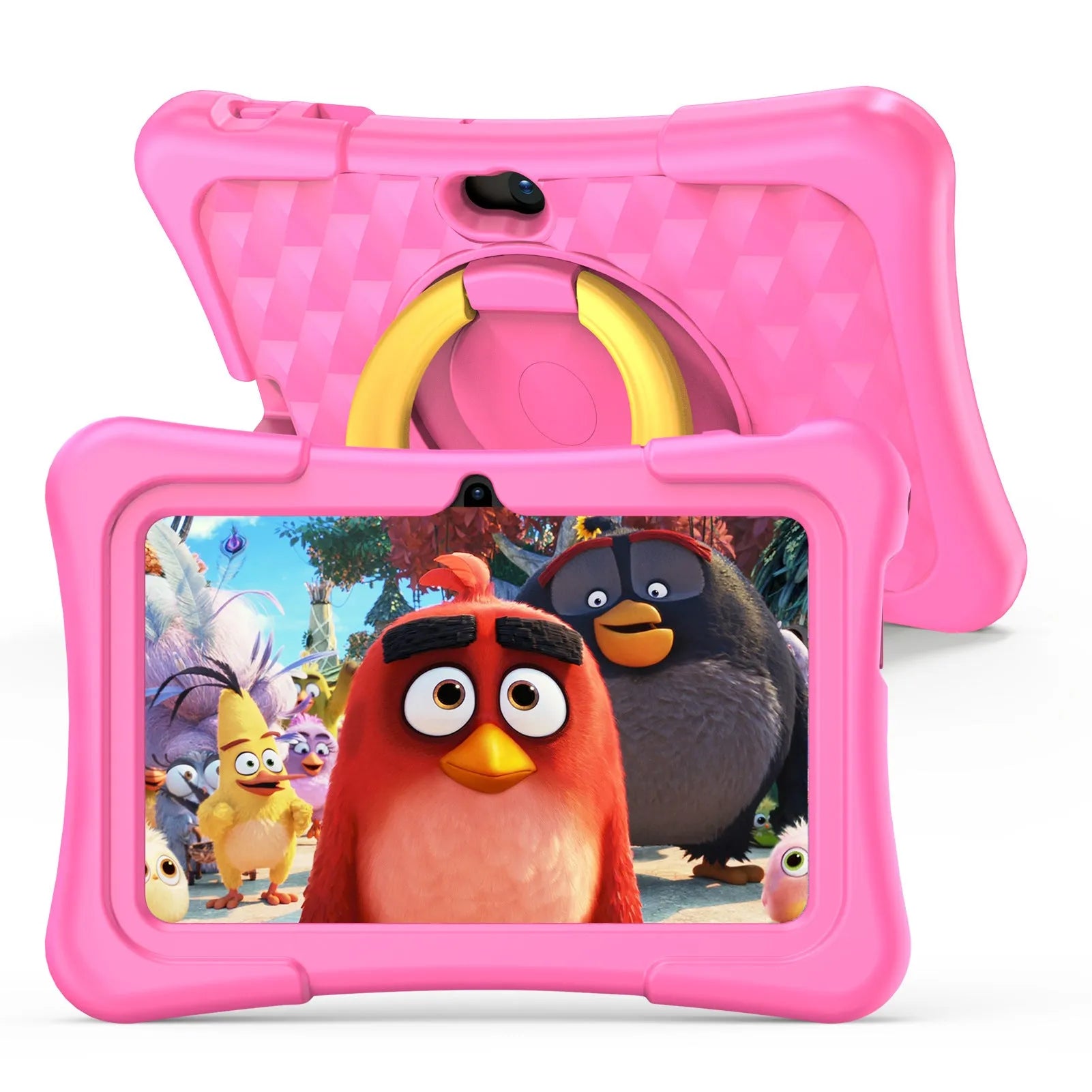 Blue and pink children's 7-inch education tablet with a rotating handle and silicone protective cover.