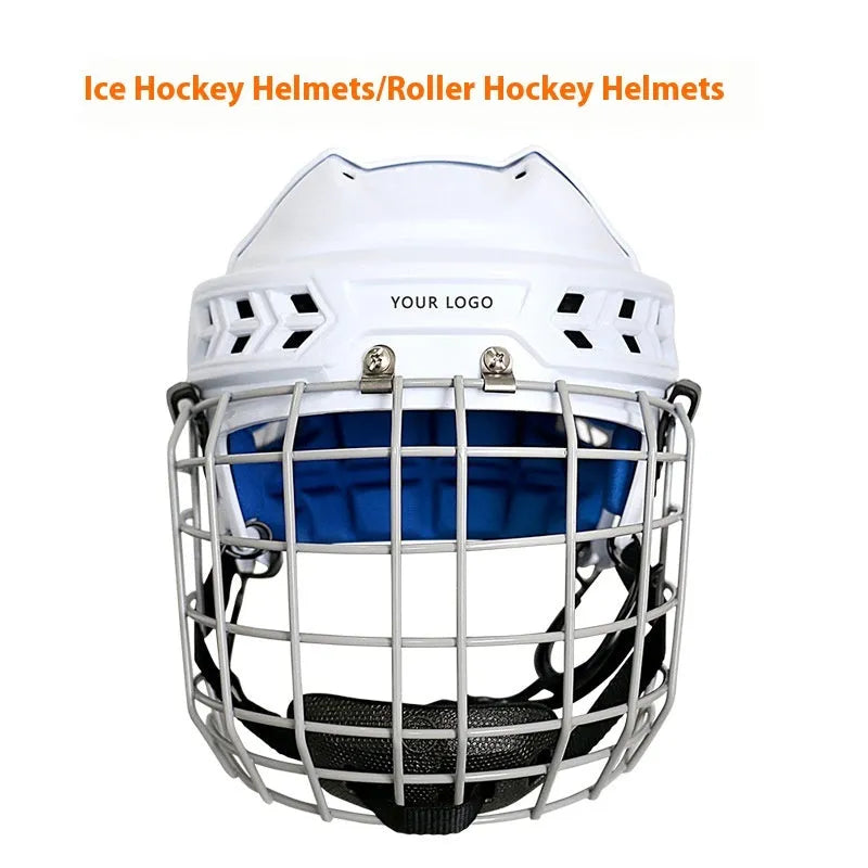 Ice hockey helmet with carbon steel face mask in sizes S M L XL for ball hockey protection