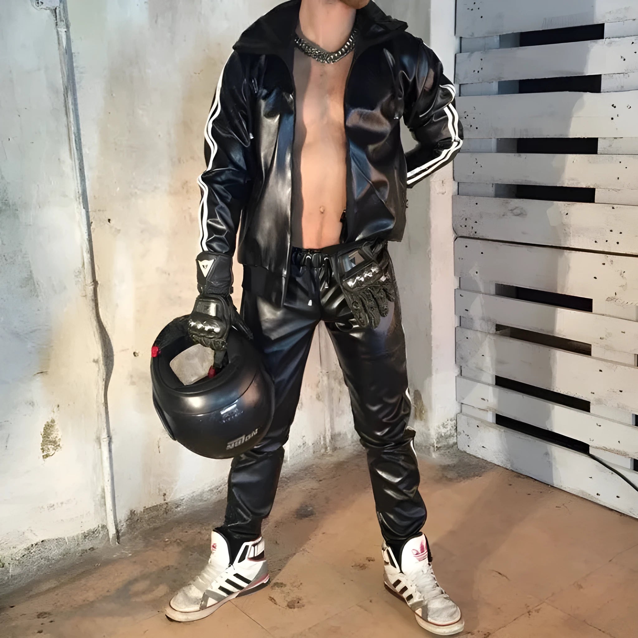 Men's black hooded sports set with PU leather jacket and matching trousers