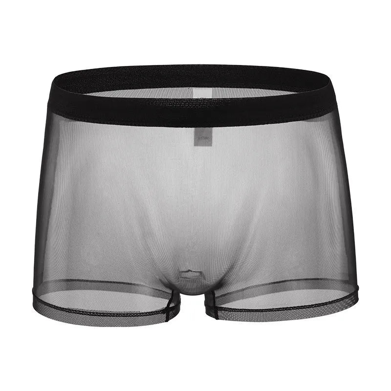 Men's black mesh boxer briefs with low waist and breathable thin fabric.