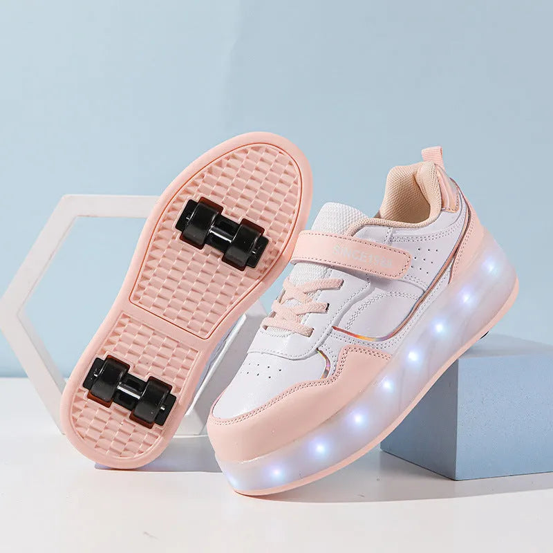 Charging flash roller skates with LED lights in pink, white, black, and purple colours