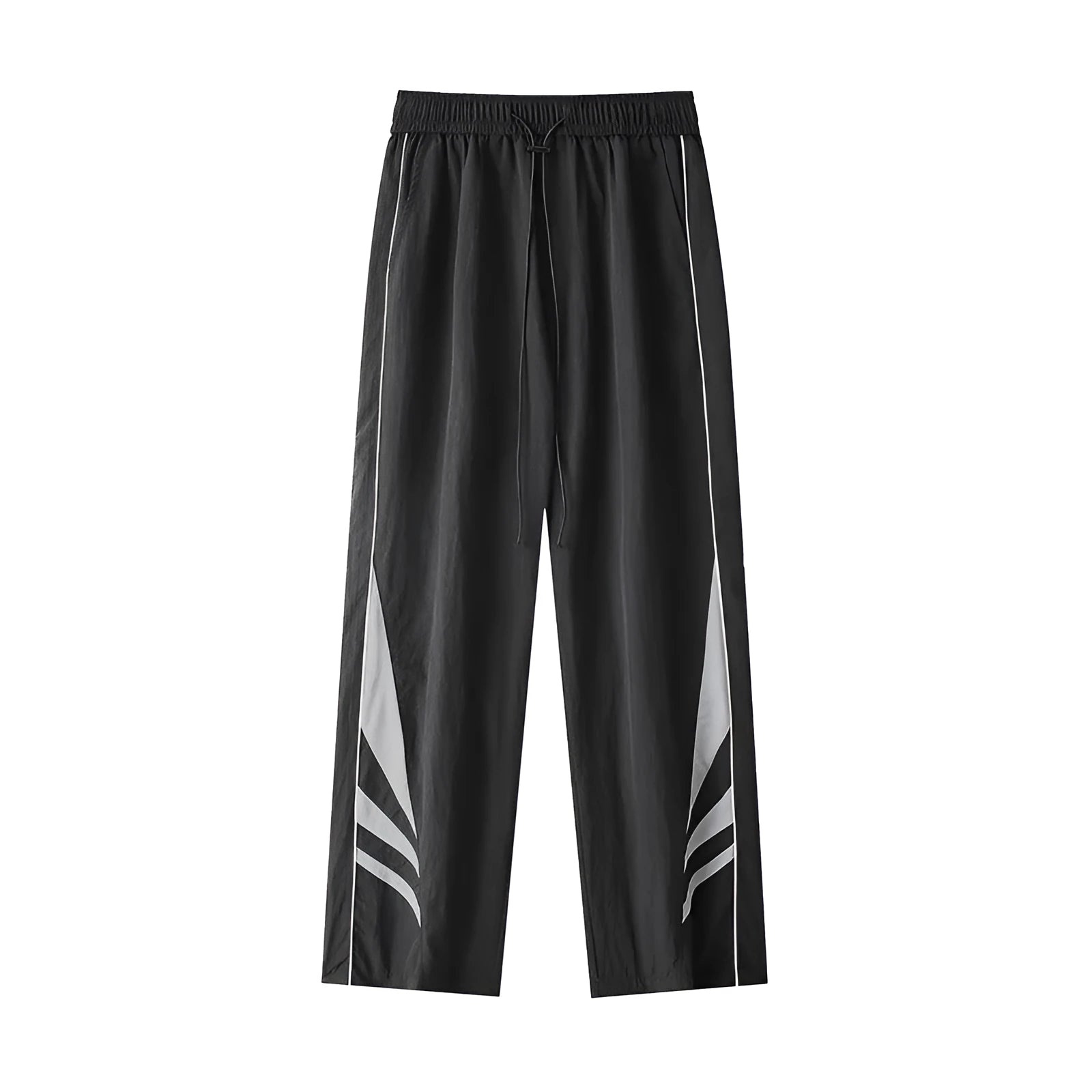 Men's loose fit straight-leg trousers in black, featuring an elasticated waist and button fly.