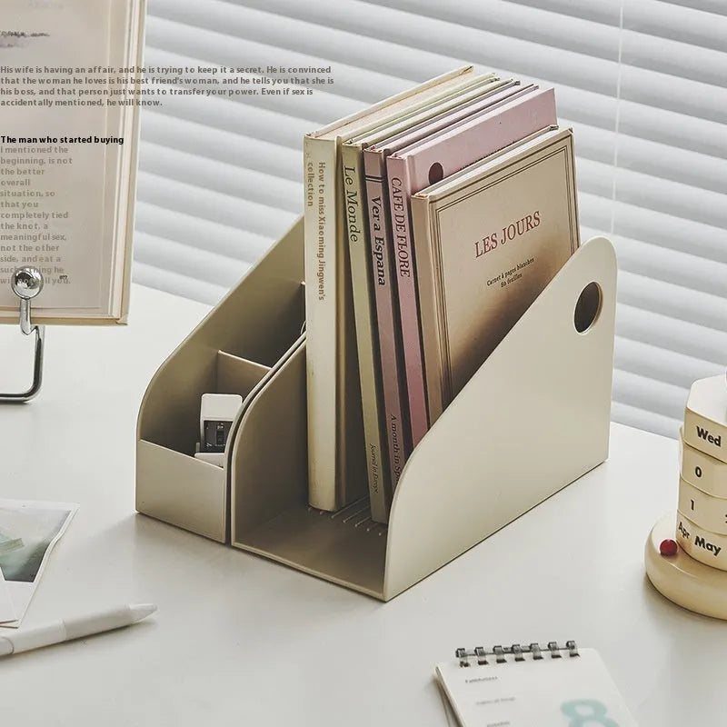 Plastic desktop storage box with two compartments in ivory white or milk coffee colour