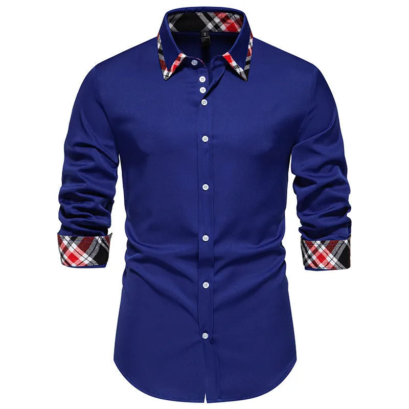 Man wearing a blue plaid long sleeve shirt with a triangle collar in a casual cardigan style.