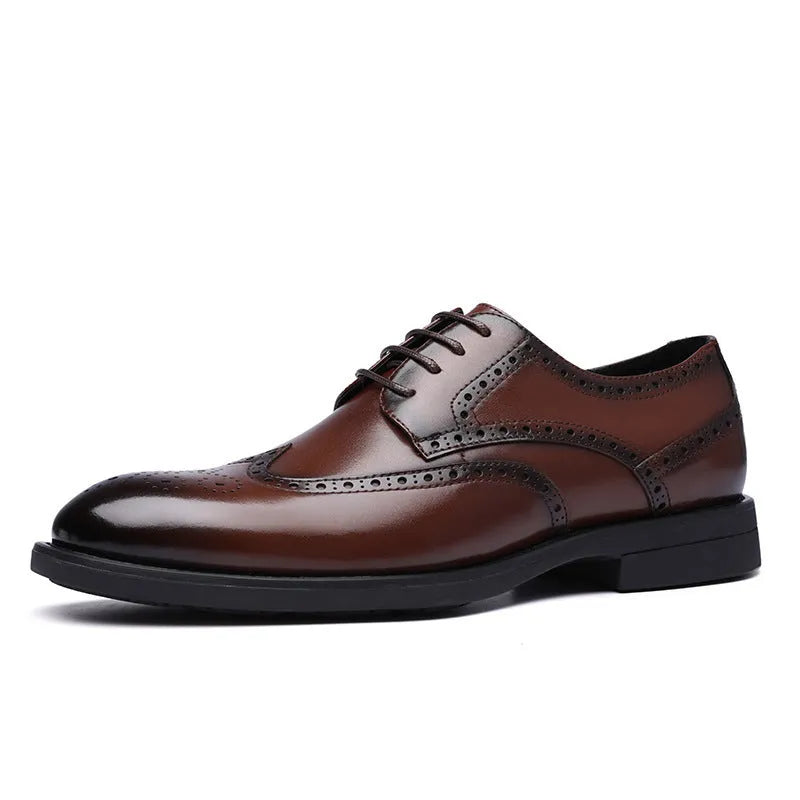 Men's black and brown brogue leather shoes for business wear with traditional perforated detailing