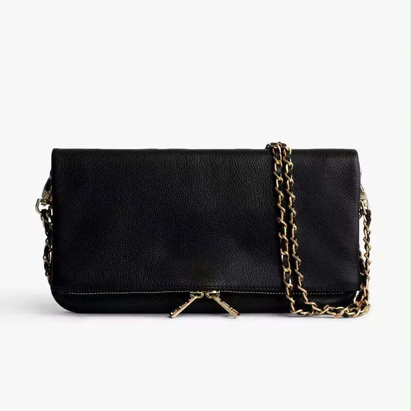 Women's black chain folding clutch messenger bag with detachable strap and gold hardware