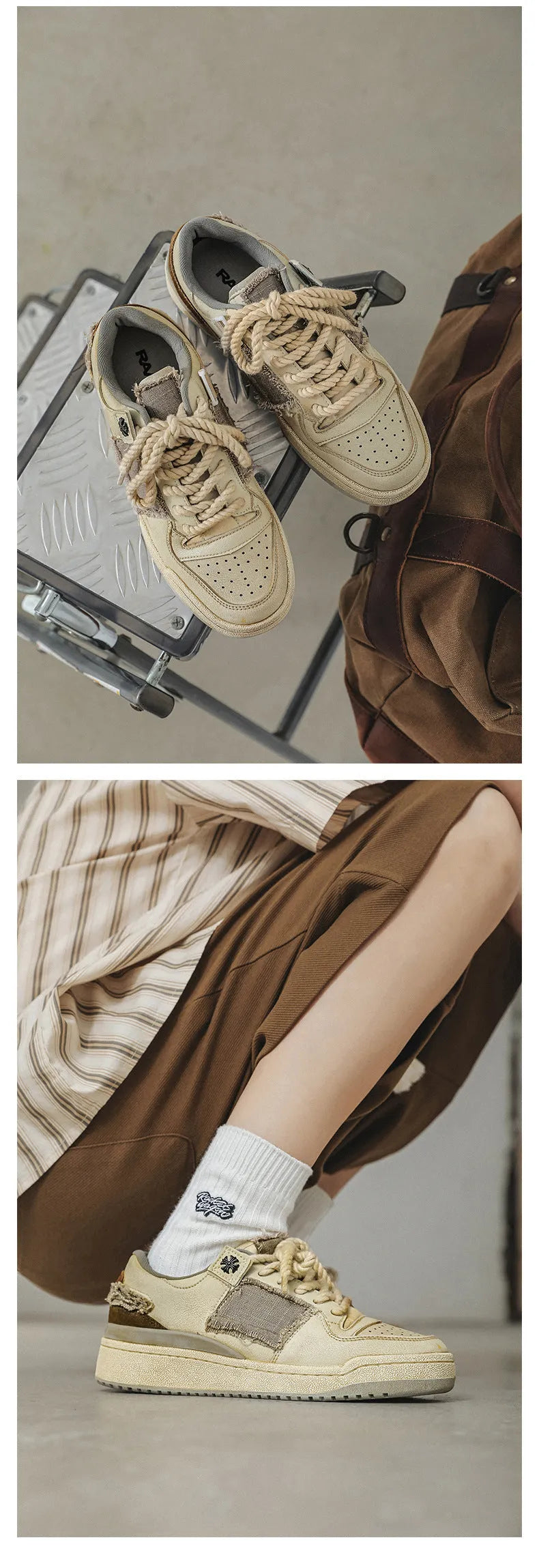 Beige low-top skateboard shoes with microfiber upper and flat rubber sole on white background