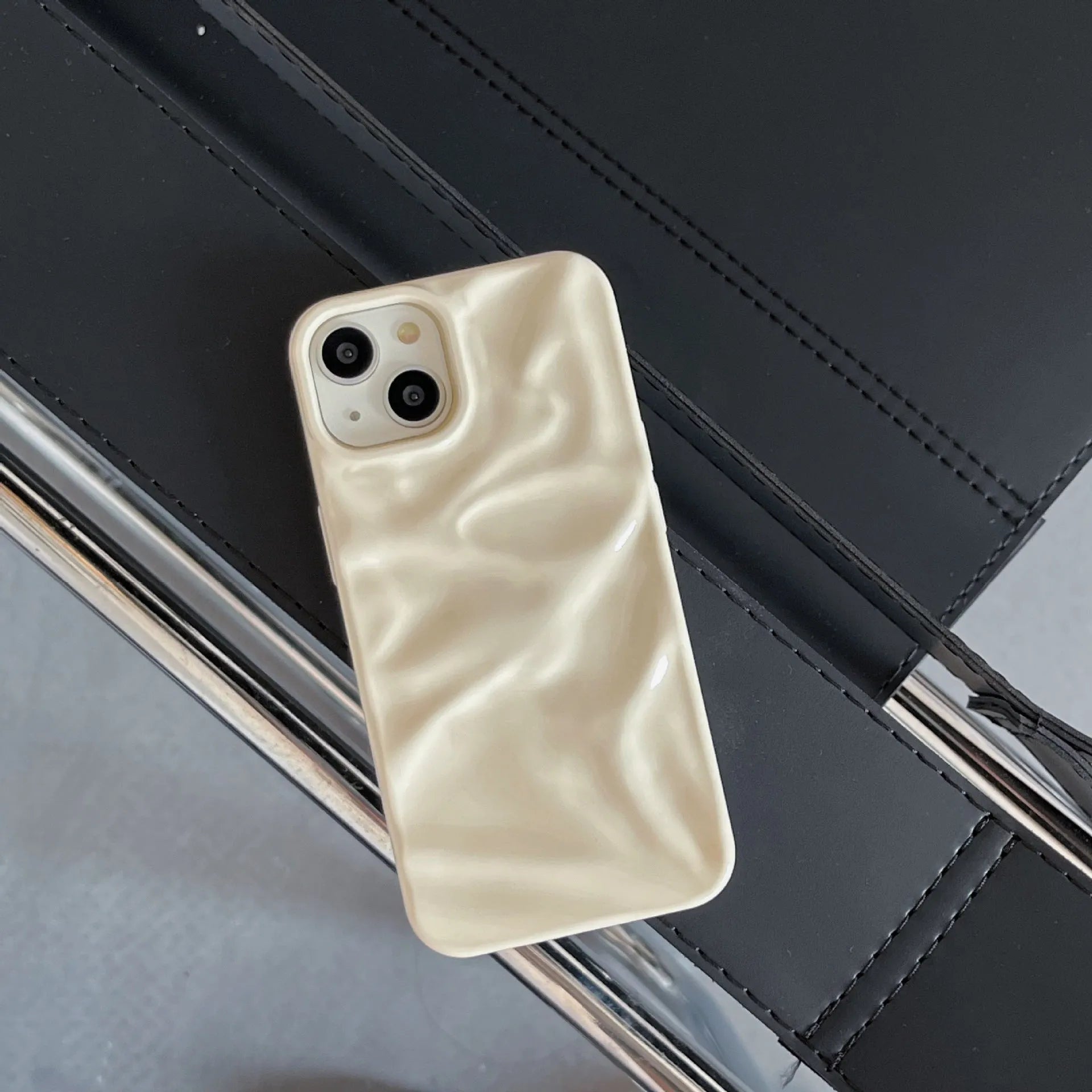 Electroplated three-dimensional pleated TPU phone case for iPhone 11–16 Pro Max in milk blue colour