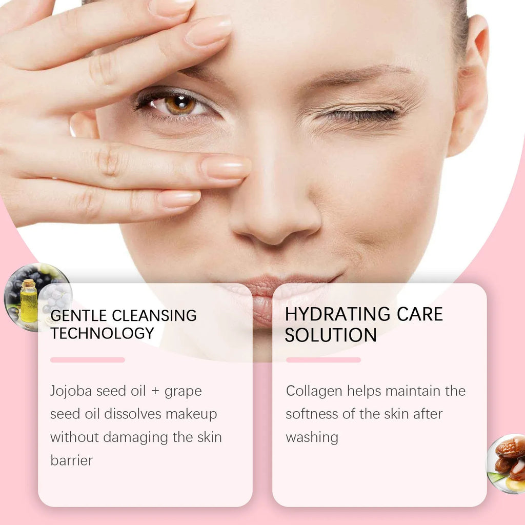 Collagen cleansing oil bottle with jojoba and grape seed oils, 100ml capacity for daily makeup removal