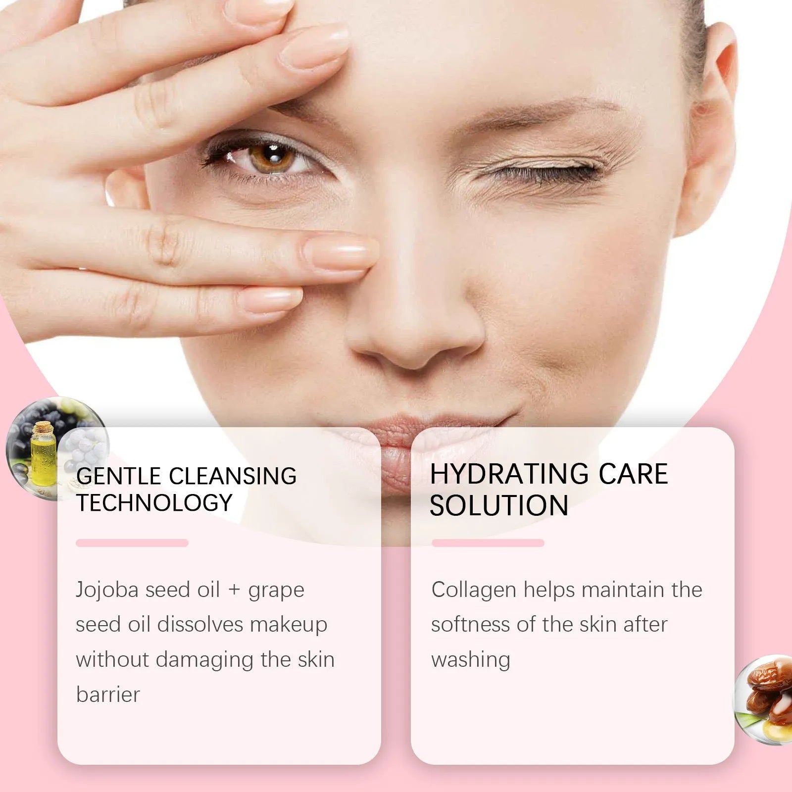 Collagen cleansing oil bottle with jojoba and grape seed oils, 100ml capacity for daily makeup removal