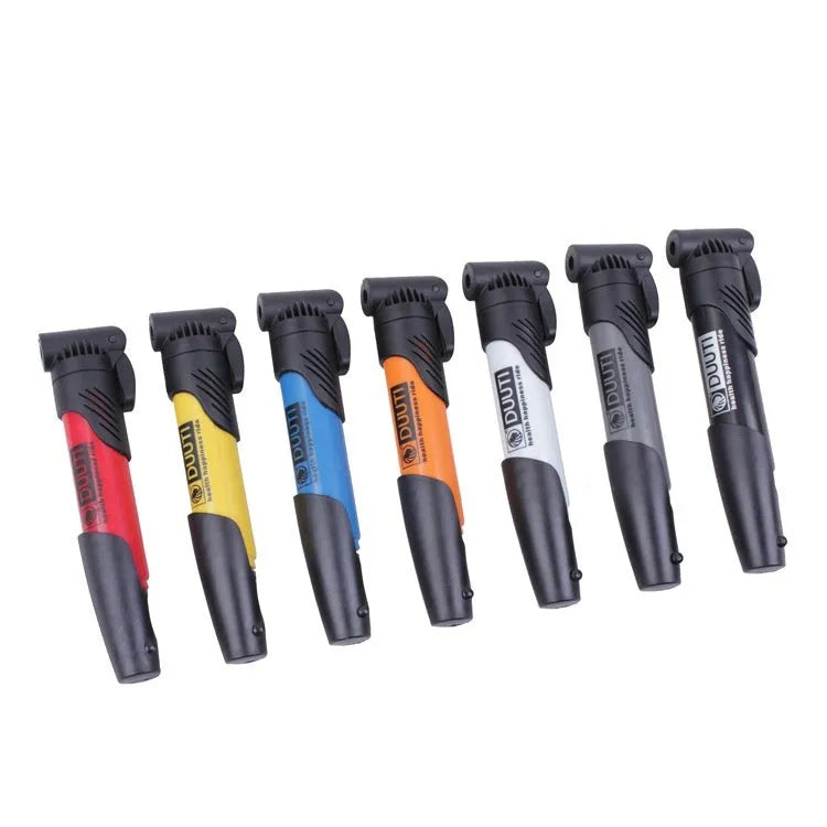 Portable plastic bicycle mini inflator available in eight colours for emergency tyre inflation