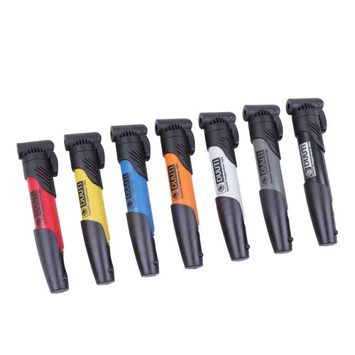Portable plastic bicycle mini inflator available in eight colours for emergency tyre inflation