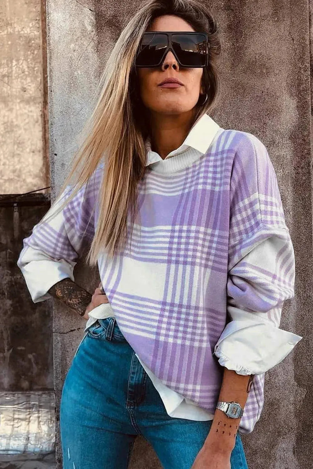 Lilac plaid print loose knit sweater with ribbed trim on cuffs and hem