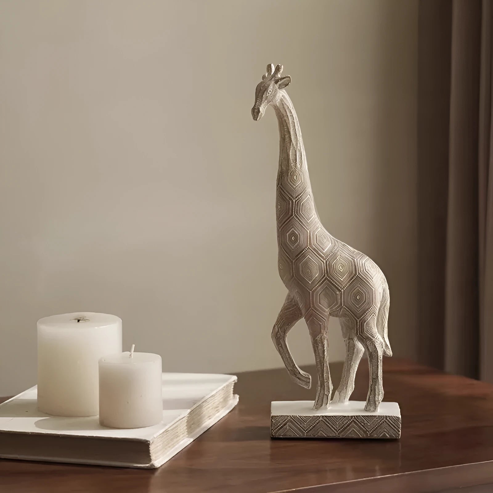 Wood colour synthetic resin giraffe decorative ornament standing 30.5cm tall.