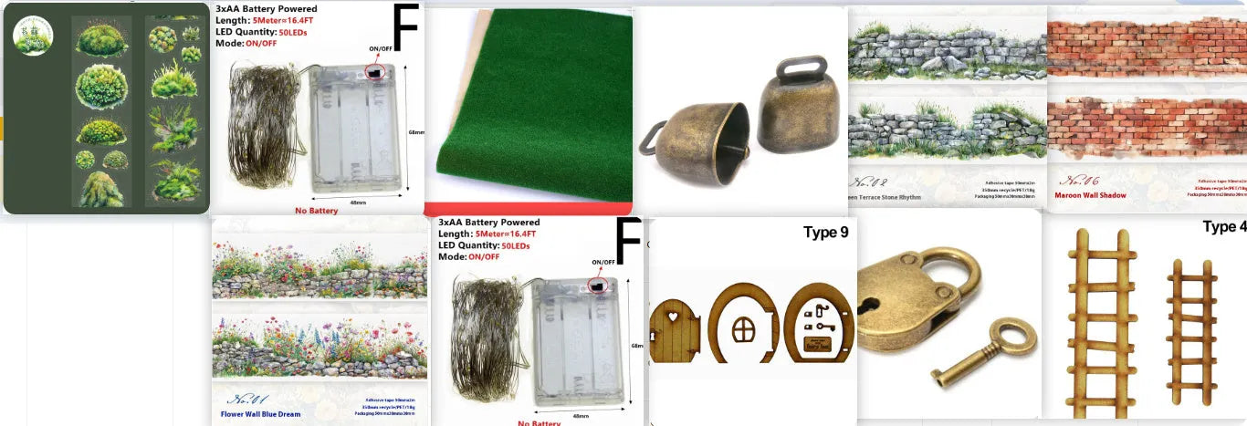 Forest Moss Series DIY decorative sticker set with PEt tape rolls, artificial moss pieces, wooden decorations, and small metal ornaments on a white background