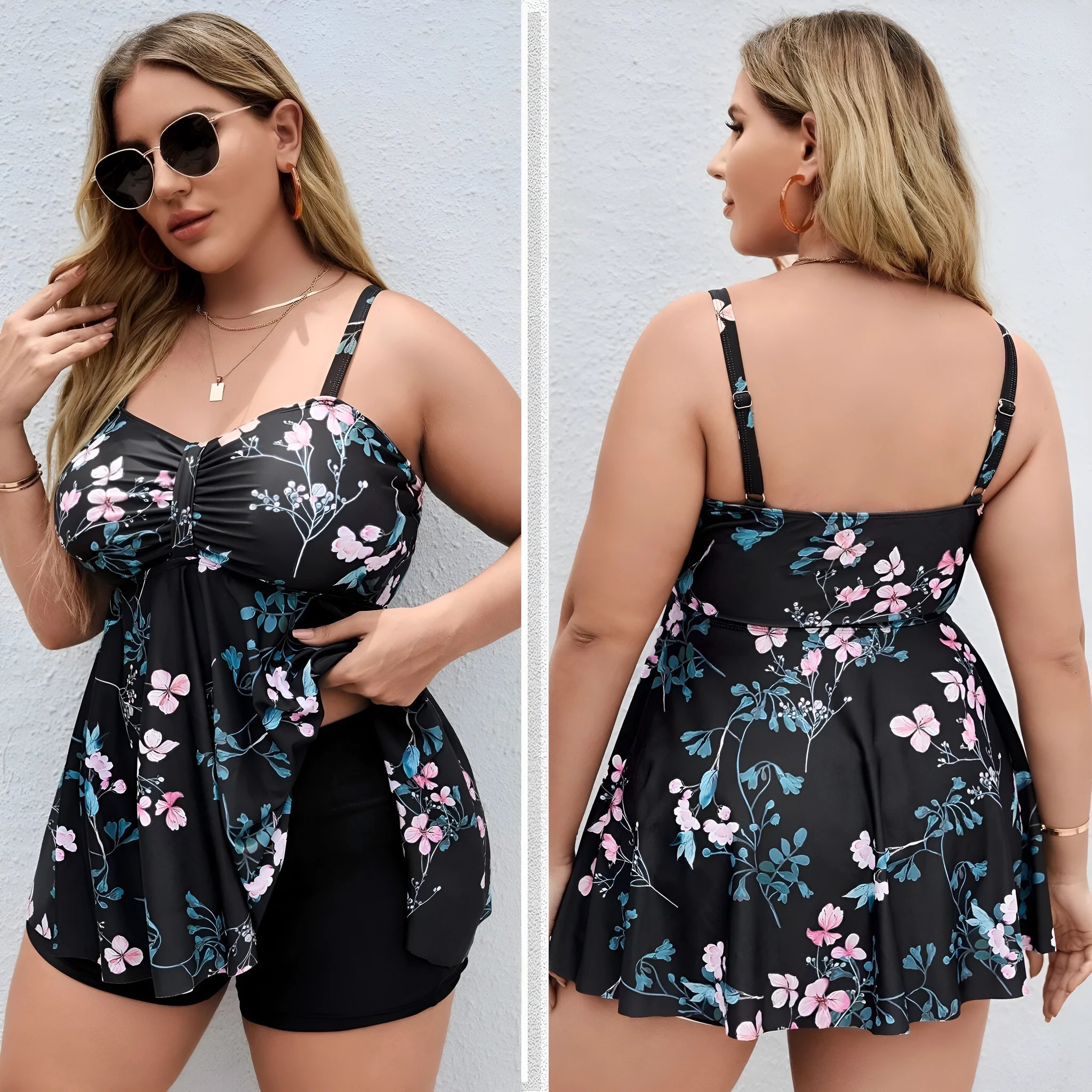 Women's floral print one-piece swimsuit on a hanger, showing split colour design and available in sizes 0XL to 4XL.