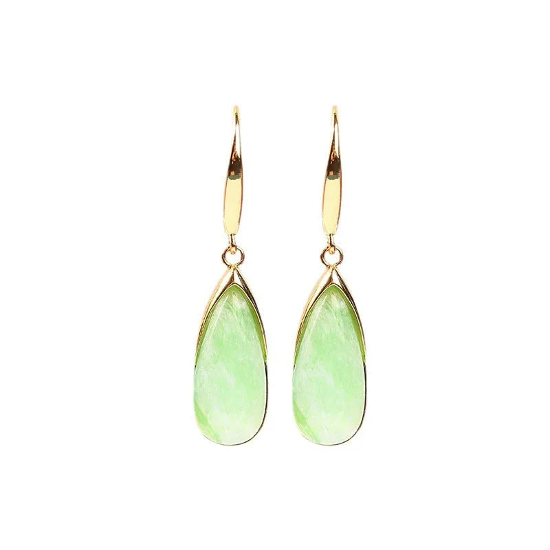 A pair of jade green geometric water droplet earrings in a Chinese style with an electroplated copper finish.