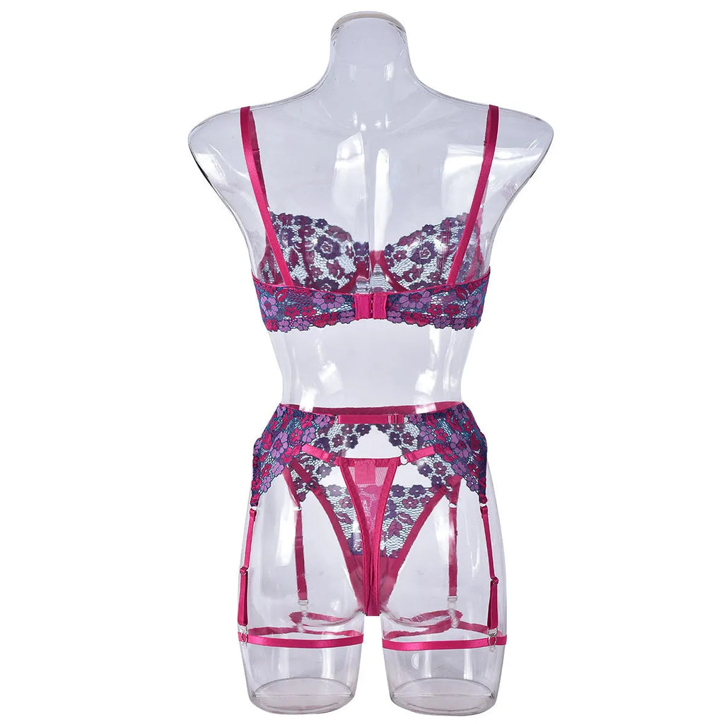 Women's rose red embroidered bikini set with contrast colour details