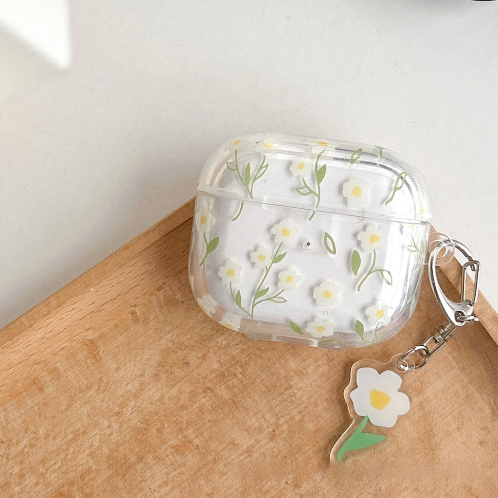 Transparent white floral TPU protective case for Apple AirPods showing decorative pattern