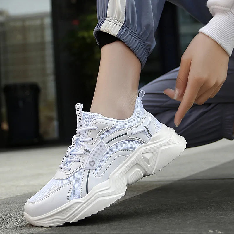 Women's white mesh casual sports shoes with thick sole and buckle detail
