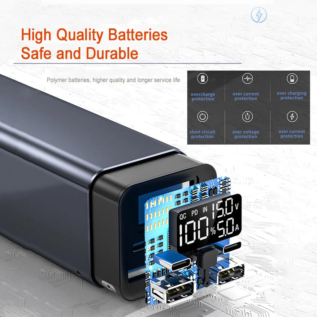 Black high-power 65W metal charging bank with 20000mAh capacity for laptop fast charging.