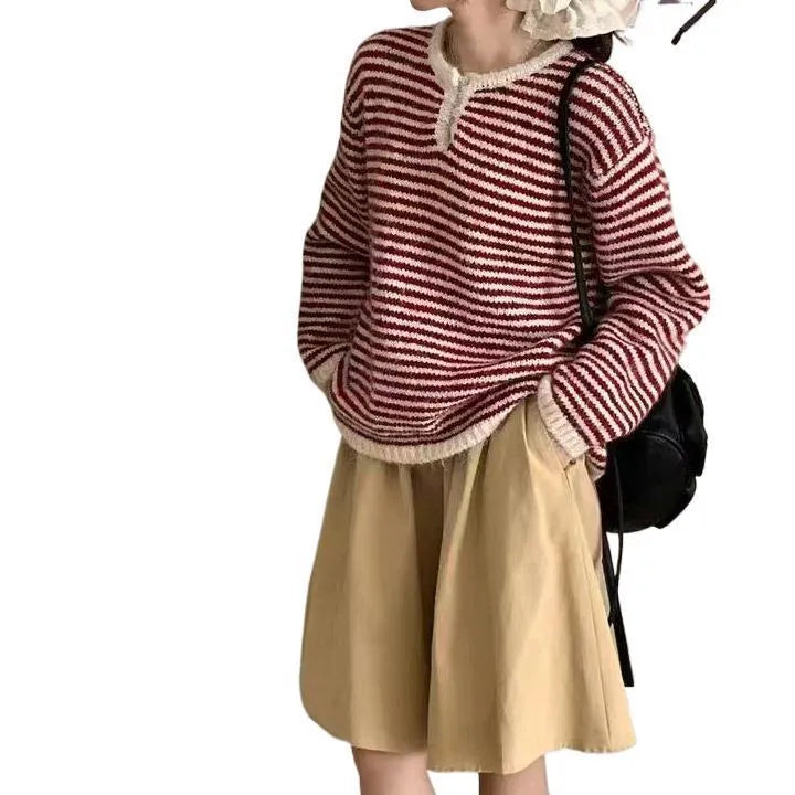 Blue striped cashmere sweater with retro design and loose fit for women