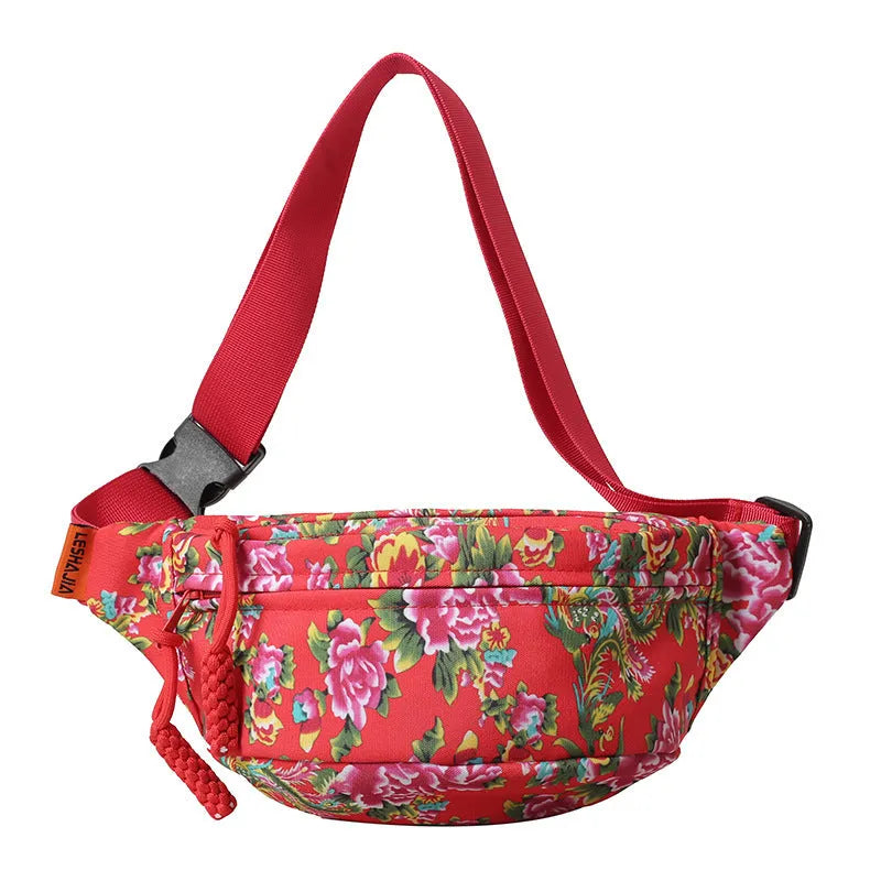 Women's Western style waist bag with large flower decoration and three-dimensional pockets