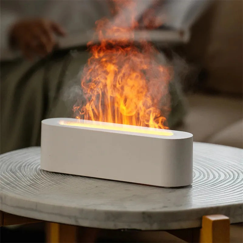 White square flame aroma diffuser with LED lights and water mist emission