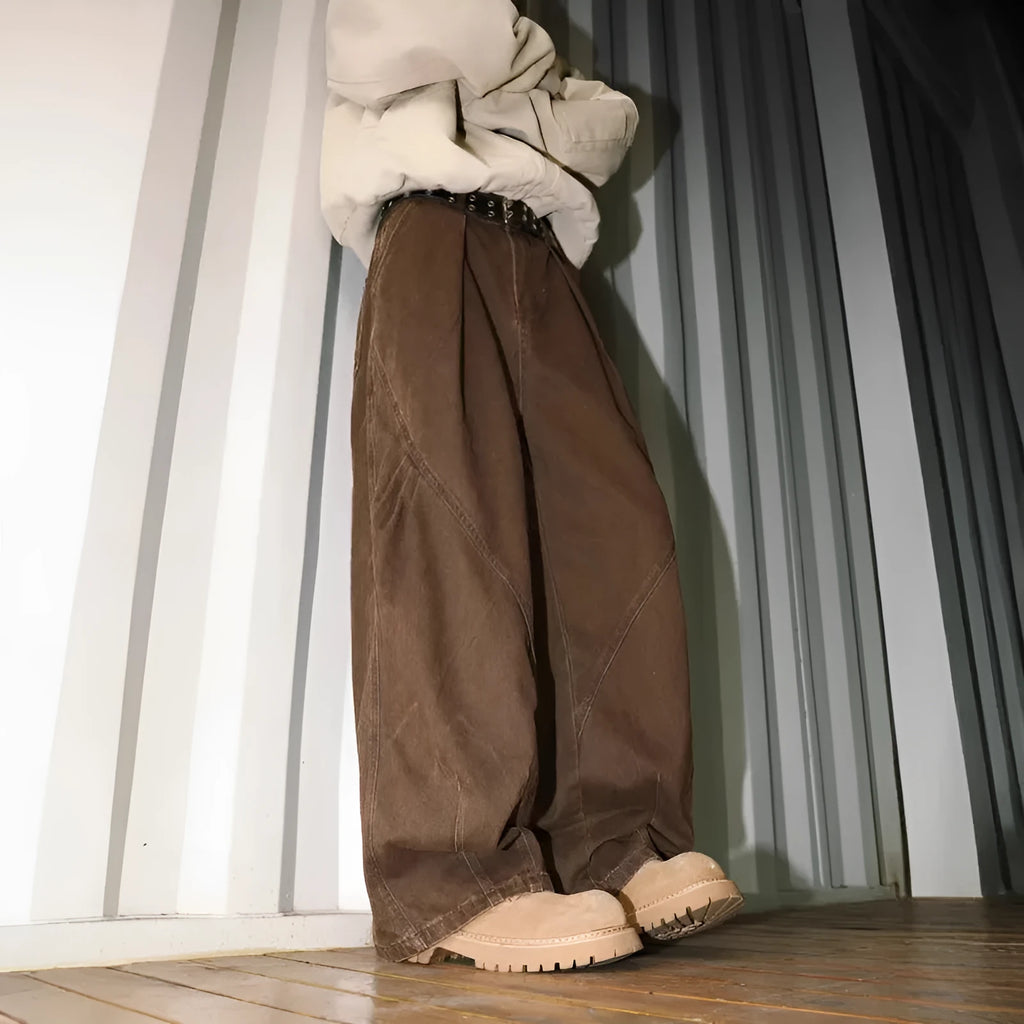 Men's straight leg pleated trousers with micro elastic waist in black, brown and apricot stripe patterns