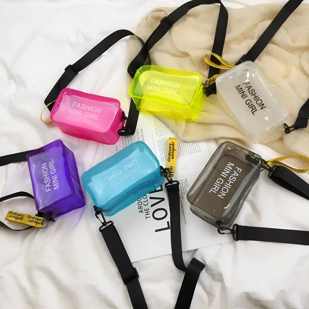 Transparent square jelly shoulder bag in multiple colours with an adjustable long strap.