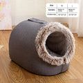 Grey fleece-lined enclosed cat sleeping bag measuring 50cm long with brown colour option available