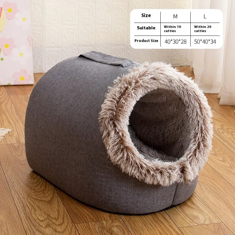 Grey fleece-lined enclosed cat sleeping bag measuring 50cm long with brown colour option available