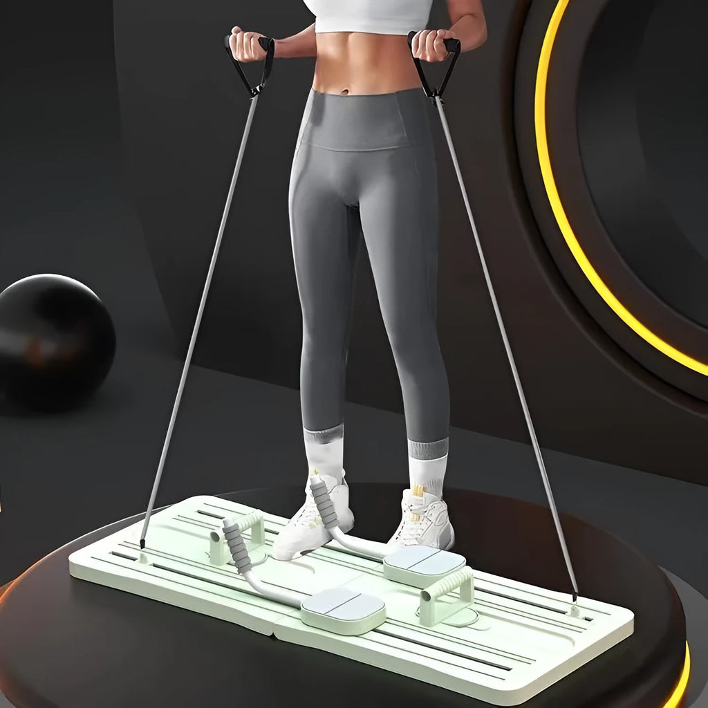Foldable purple PP belly panel fitness equipment on a grey floor.
