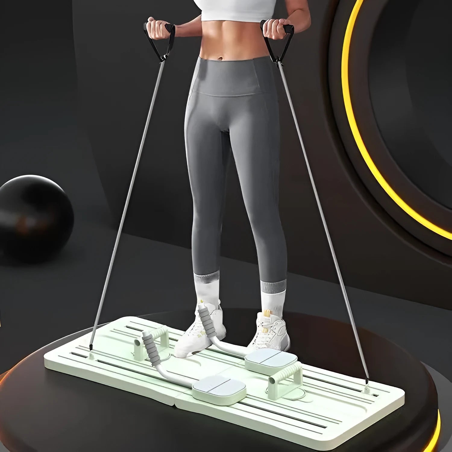 Foldable purple PP belly panel fitness equipment on a grey floor.