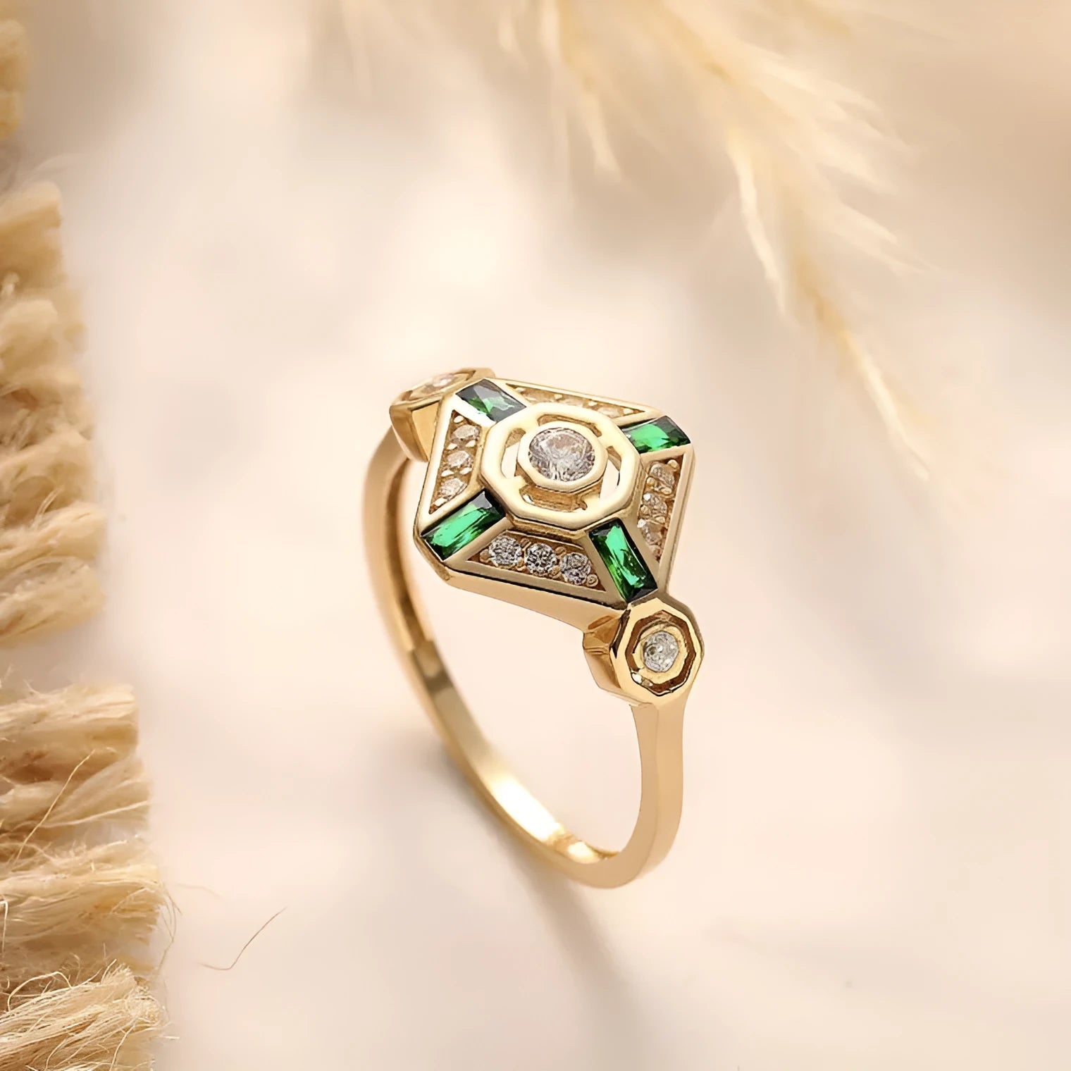 Square geometric ins-style ring for women in lvzuan colour with a gemstone centre.