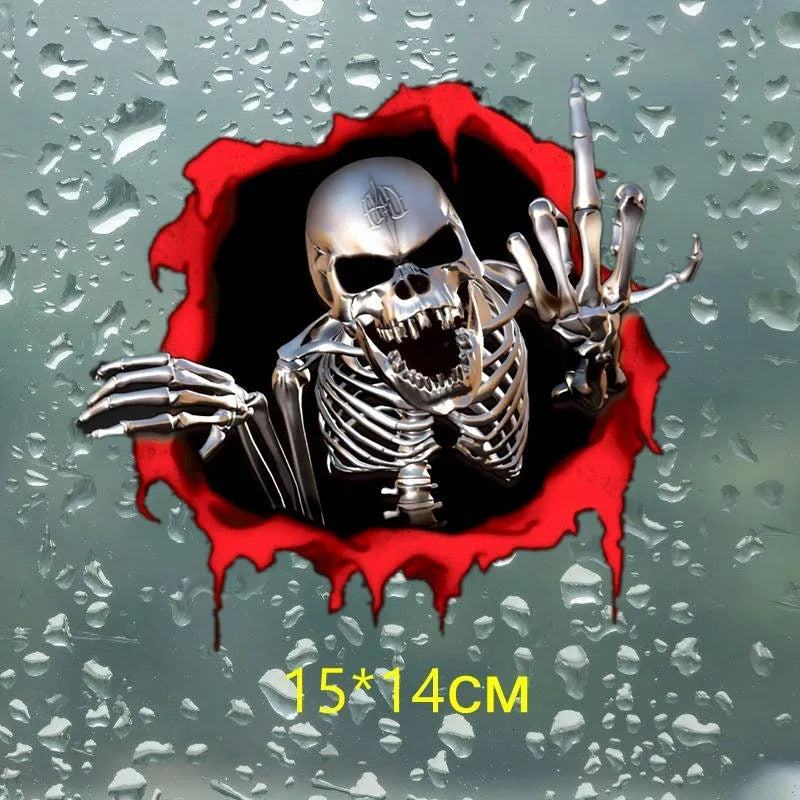 Reflective metal skull car sticker with colourful broken shell pattern measuring 15 by 14 centimetres