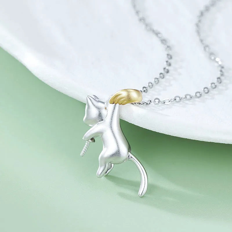 925 sterling silver clavicle necklace with electroplated cat charm in four configuration variations