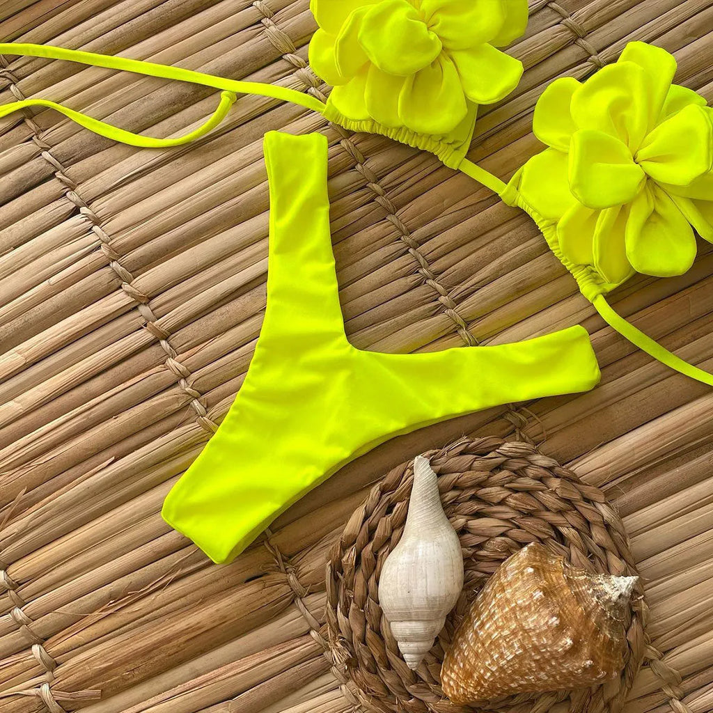 Low waist bikini swimsuit with 3D flower pattern in solid colour BA24448G1.