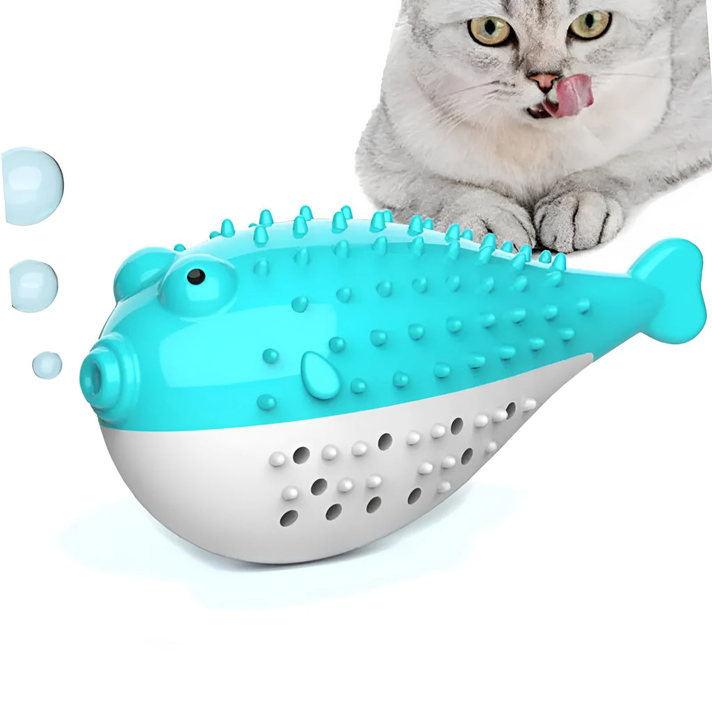 Silicone fish-shaped cat chew toy for grabbing and chewing, measuring 12.2cm long, in blue, green, pink or yellow