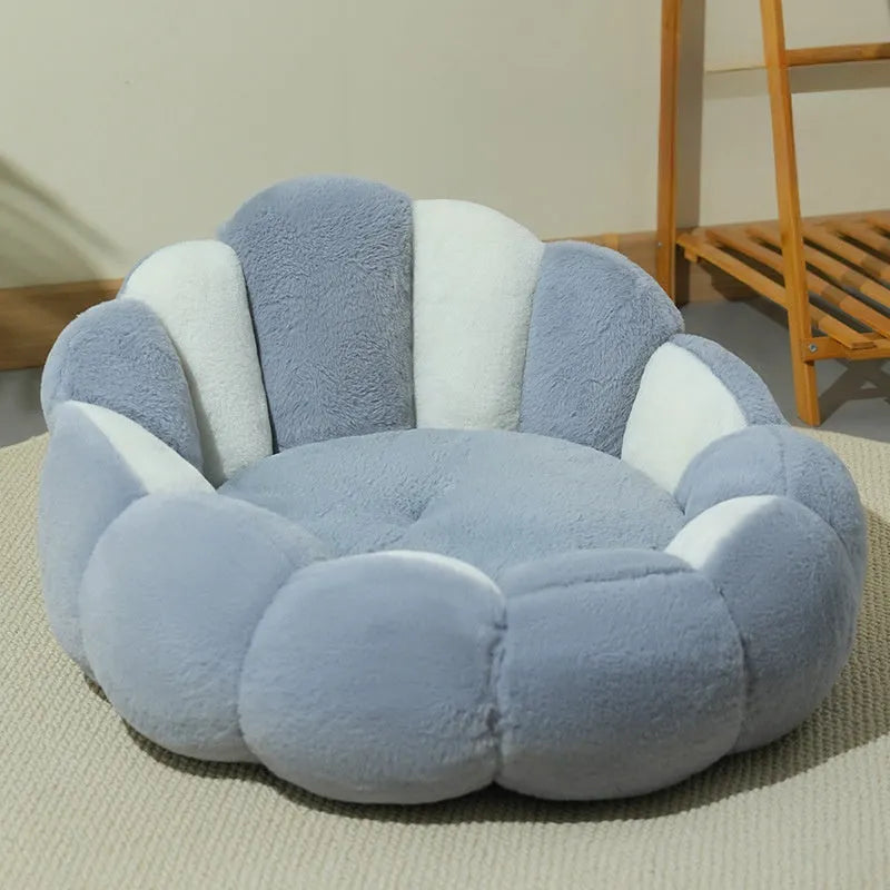 Grey white rabbit fur pet shell nest kennel for cats and dogs, shown in three sizes.