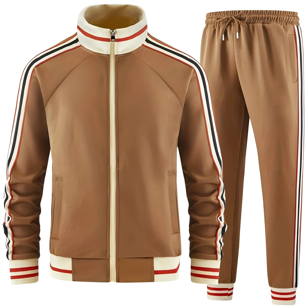 Men's khaki casual streetwear trousers suit with turtleneck zipper cardigan and matching trousers.